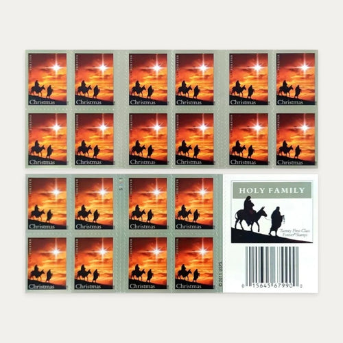 Front and back of a 20-stamp Holy Family Forever postage booklet issued in 2012