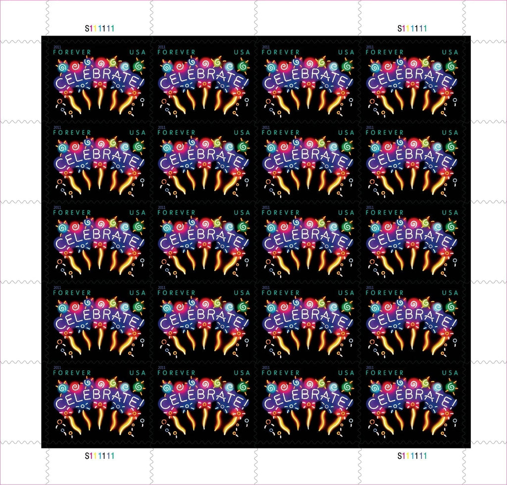 Sheet of 20 "CELEBRATE!" 2011 Forever USA stamps featuring colorful fireworks display with golden bursts and multicolored decorative elements on black background