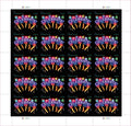 Sheet of 20 "CELEBRATE!" 2011 Forever USA stamps featuring colorful fireworks display with golden bursts and multicolored decorative elements on black background