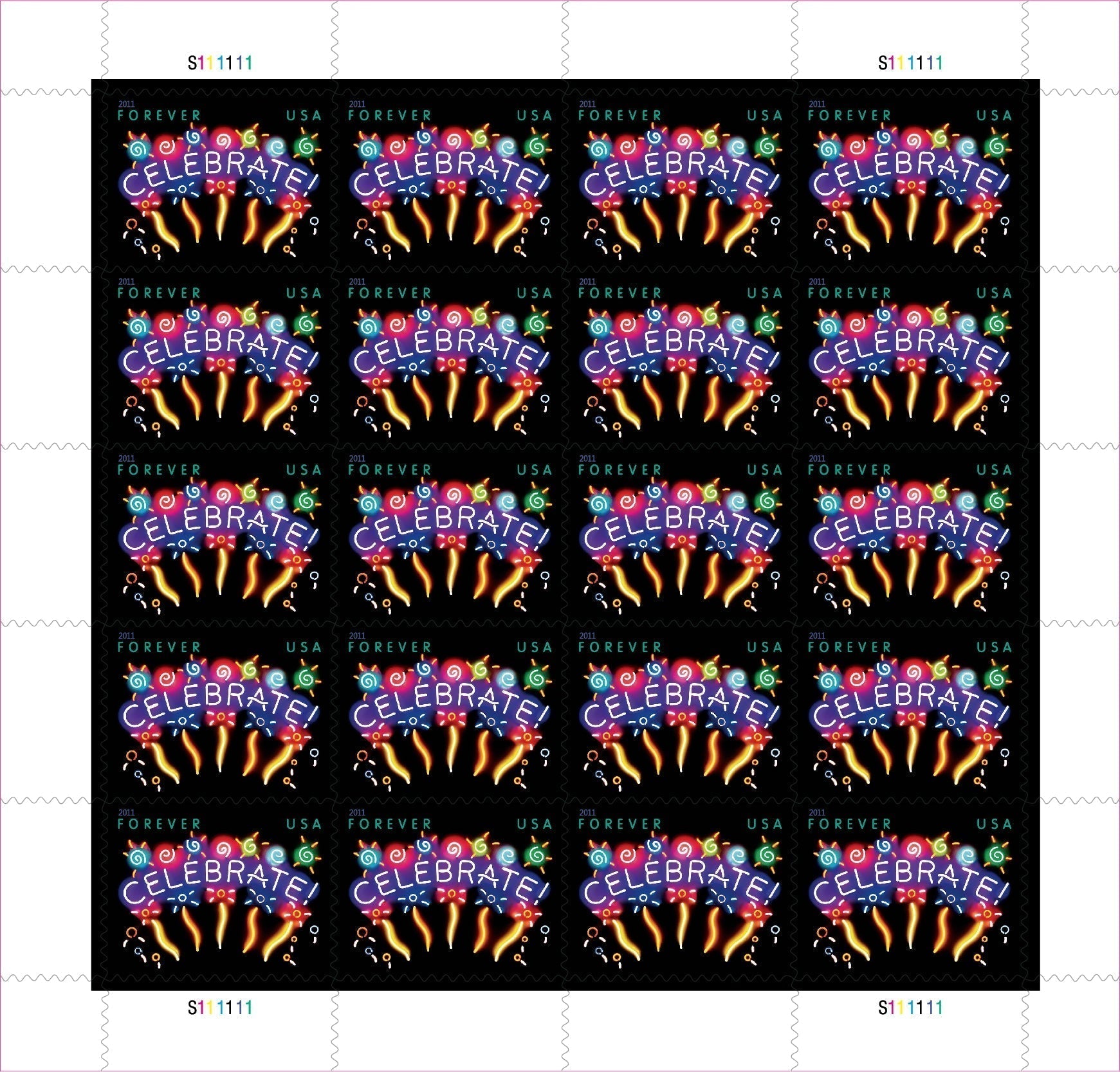 Sheet of 20 "CELEBRATE!" 2011 Forever USA stamps featuring colorful fireworks display with golden bursts and multicolored decorative elements on black background